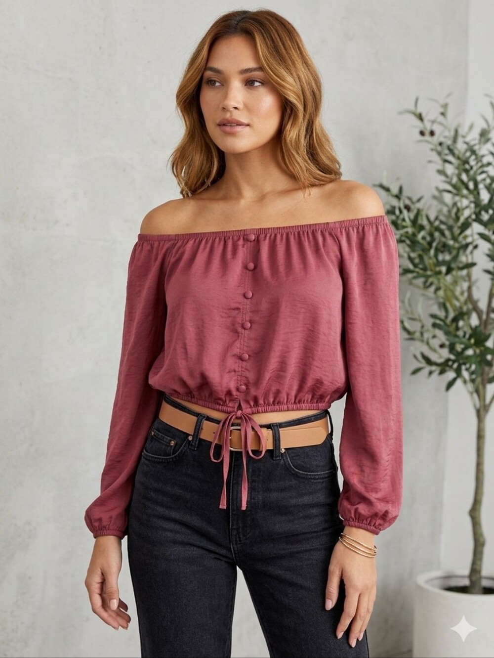 Pink Rose Button-Front Peasant Top in Dusty Rose